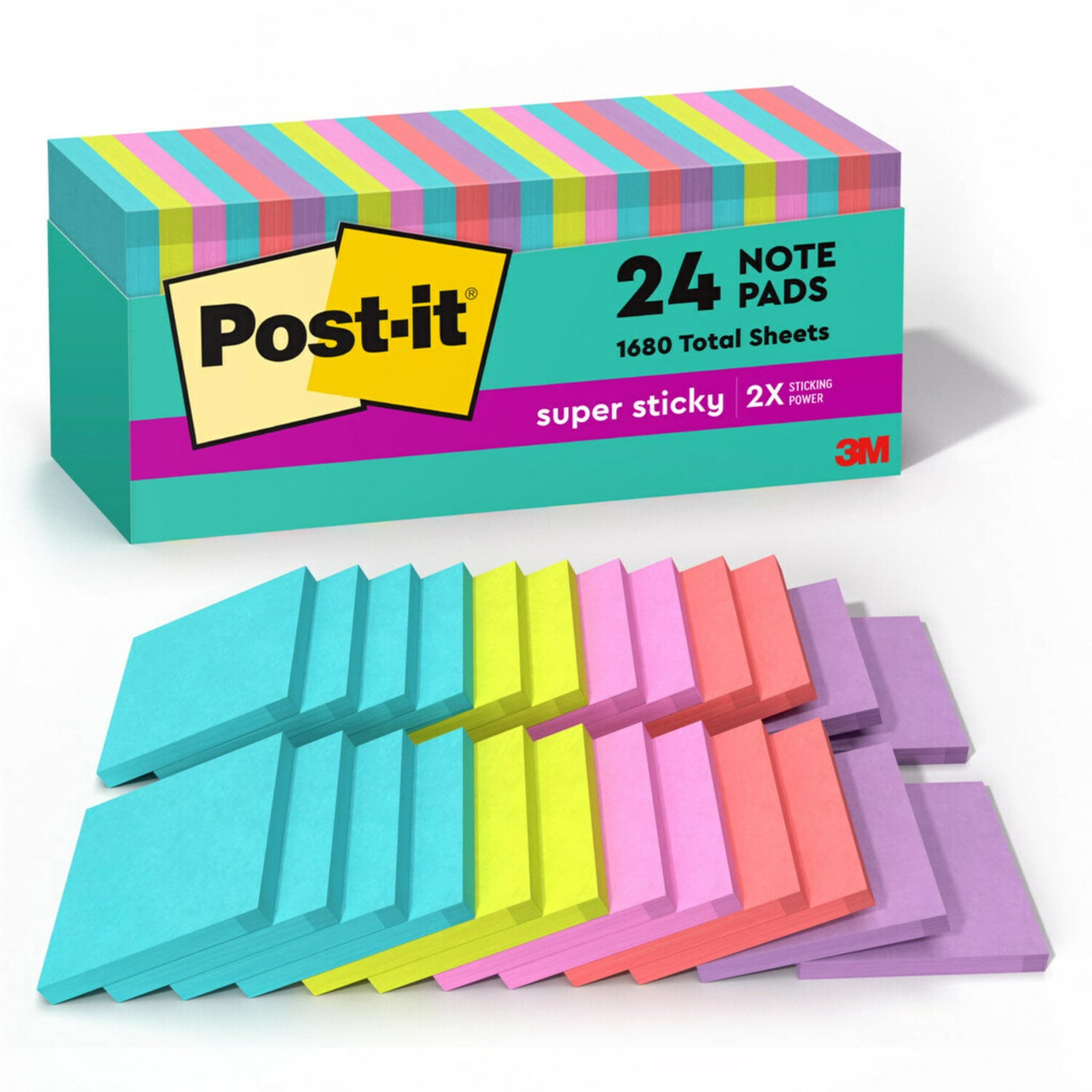 Post-it Super Sticky Notes, 24 Sticky Note Pads, 3 x 3 in., Ideal for Organization in Your Dorm, Home or Office, 2X The Sticking Power, Supernova Neons Collection
