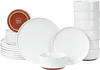 GZG Modern Art Series - 24 Pcs Speckled Stoneware Plates and Bowls Sets, Ceramic Dinnerware Set with Rustic Terracotta Underside, Microwave and Dishwasher Safe Handcrafted Dishes Set - Porcelain White