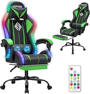 Gaming Chair with LED RGB Lights with Massage and Footrest Ergonomic Computer Chair High Back Video Game Chair with Adjustable Lumbar Support Linkage Armrest Green and Black