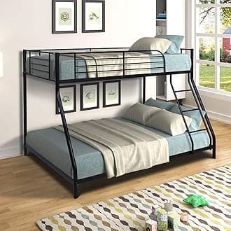 Bunk Bed Twin Over Full Sturdy Steel Metal Bed Frame with Flat Ladder and Guardrail for Children/Teens/Adults (Black)