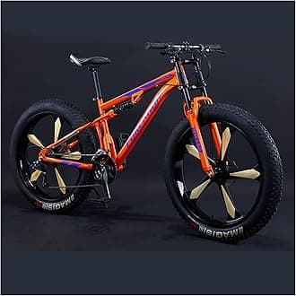 Mountain Bikes Men 26 Inch Adult Fat Tyre Mountain Bike with Full Suspension, High-carbon Steel Large Frame Dual Disc Brake Giant Bicycle,Orange 5 Spoke,21 Speed
