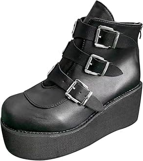 BORAMAX Platform Ankle Boots With Chunky Block Heels for Women Goth Boots Buckle Strap Wedge Motorcycle Platform Chelsea Boot
