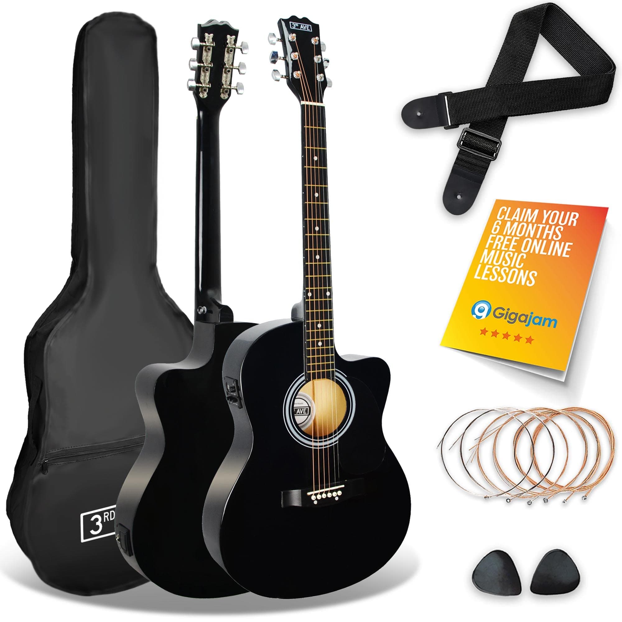 Full Size 4/4 Cutaway Electro Acoustic Guitar Pack Bundle for Beginners with 6 Months FREE Lessons, Built-in Tuner and EQ - Black