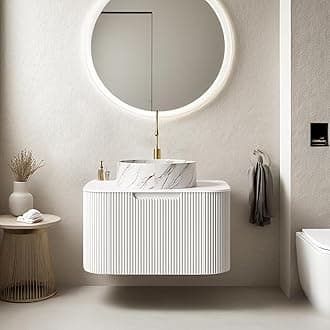 24" Floating Bathroom Vanity with Sink, Modern Bathroom Cabinet with Ultra-Thin Ceramic Basin and Marble Top, Extra Large Storage Drawer, Soft-Close Design, White