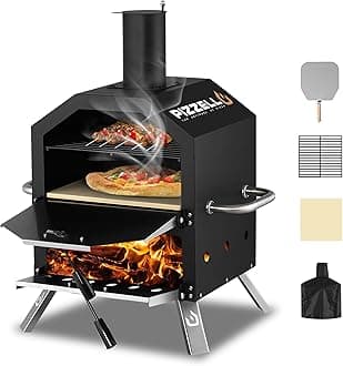 Pizzello Outdoor Pizza Oven Wood Fired 2-Layer Pizza Ovens Outside Pizza Maker with Stone, Pizza Peel, Cover,Removable Cooking Rack for Camping Backyard BBQ (Black)