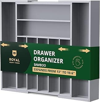 ROYAL CRAFT WOOD Luxury Bamboo Caddy Kitchen Drawer and Silverware Organizer, Utensil Holder and Cutlery Tray with Grooved Drawer Dividers for Flatware 9 Slot, Gray