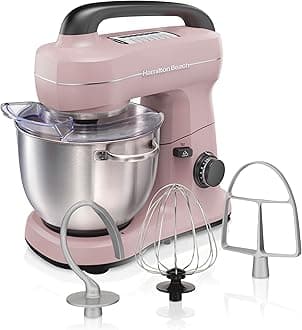 Hamilton Beach Electric Stand Mixer, 4 Quarts, Dough Hook, Flat Beater Attachments, Splash Guard, 7 Speeds with Whisk, Easy-Carry Top Handle, Pink
