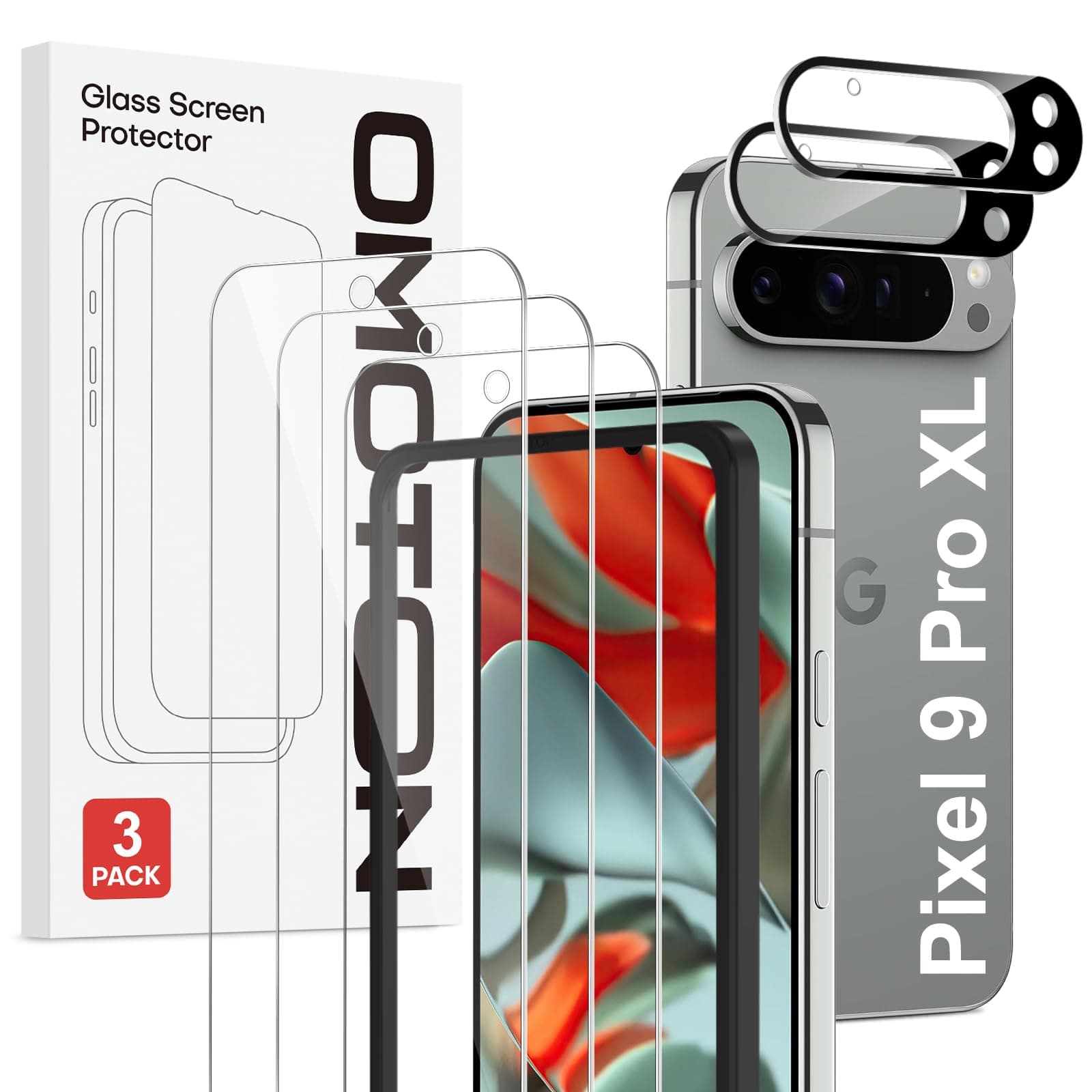 OMOTON Tempered Glass Screen Protector for Google Pixel 9 Pro XL with Frame Installation Aid, Compatible with Pixel 9 Pro XL Camera Protective Film, Supports Fingerprint Sensor and Temperature Sensor,