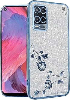 Phone Case for Oppo A54 4G Clear Glitter Floral, Cute Slim for Oppo A54 4G Case Silicone Shockproof Protective Women Girls Cover Sparkle Aesthetic (Blue-Silver)