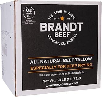 - Brandt Beef Tallow – 100% Pure Beef Tallow for Cooking | 800 oz (50 lb)Tub Beef Tallow for Deep Frying | High Smoke Point | No Additives or Preservatives | Sustainably Sourced | Family-Owned Ranch USA