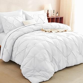 CozyLux Queen Comforter Set White, 7 Pieces Pintuck Bed in A Bag, Premium White Comforter Queen Size, Pinch Pleat Bedding Sets with Comforter, Sheets, Pillowcases & Shams