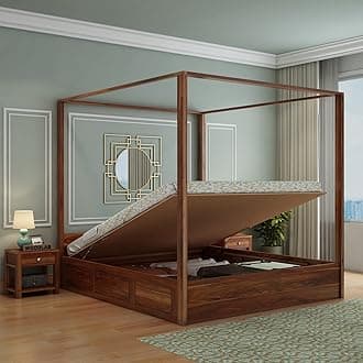 WOODLAB Sheesham Wood King Size Poster Bed with Hydraulic Storage Wooden Double Bed for Bedroom Living Room (Natural Finish)