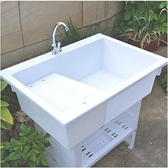 Freestanding Plastic Outdoor Sink With Hot & Cold Faucet, For Garage, Basement, Garden (Color: White)