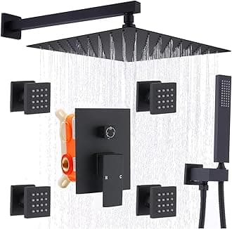 Enga Matte Black Rain Shower System with 4 Body Jets 12inch Wall Mount Rainfall Shower, All Metal Multi Shower Head System with Rough-in Valve