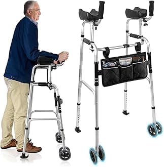 Dual-Wheel Stand Up Walker with Ball Bearing Wheels & Armrest Pad - Aluminum Standard Walker for Seniors, Height Adjustable Platform Walker with Arm Support, Foldable Design with Storage Bag, Silver