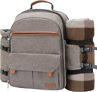 (Beige) - Picnic Backpack For 4 Person Set Pack With Insulated Waterproof Pouch For Family Outdoor Camping (Brush Beige)