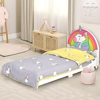 HONEY JOY Twin Bed Frames for Kids, Toddler Wooden Twin Bed Platform with Headboard & Slat Base, No Box Spring Needed, Children Bedroom Furniture for Boys Girls, Fits Standard Twin Mattress, Unicorn
