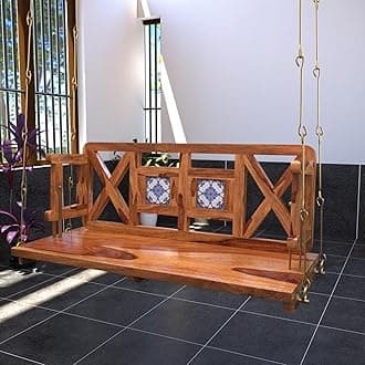 Jairi Traders Wooden Swing (4ftx2ft) Solid Wooden Hanging with Hand Rest and Back Support Jhula Wooden Swing (with Stainless Steel Accessories) Reversible Ceramic Frame and Wooden Back