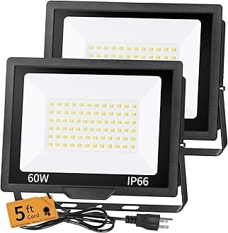 60W LED Flood Light Outdoor, 7200LM Brighter Exterior Security Lights with 5ft Plug, 5000K Daylight LED Work Light, IP66 Waterproof for Yard, Garage, Stadium, Lawn, 2 Pack