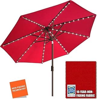 EliteShade USA 10-Year-Non-Fading Solar 9ft Market Umbrella with 80 LED Lights Patio Umbrellas Outdoor Table Umbrella with Ventilation, Logo Red