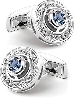 Mr.Van Classic Elegant Cufflinks with Blue Crystal – 16mm Round Vintage Style...