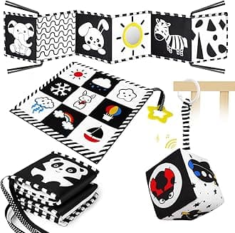Black and White High Contrast Sensory Toys, Baby Sensory Toys Set, Baby Infant Newborn 0-3-6-9-12 Months, Montessori Toys with With Teether, Rattle for Babies Sensory Soft Book