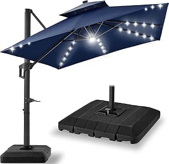 Best Choice Products 9x12ft LED Cantilever Patio Umbrella w/Base Included & 360° Rotation, Large Solar Offset Hanging Outdoor Sun Shade for Deck, Backyard Table w/Stand & Lights – Navy Blue