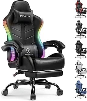 RGB Gaming Chair with Footrest, Computer Gaming Chair with LED Lights for Adults, Height Adjustable PC Gamer Chair with 90-155° Recline & Removable Headrest Lumbar Support, RGB Black