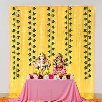 SpecialYou® Ganesh Decoration Items for Home, Ganpati Decorations Backdrop Yellow Curtain(7 * 3.5ft), Green Vines, Lights(40Ft), Ganpati Decoration Setup for Home Decor, Pooja Room Decor- 8 Pcs