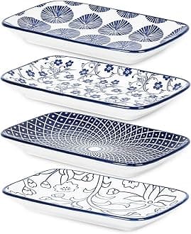 Selamica Ceramic Rectangular Salad Plates Set of 4, 8 Inch Small Serving Plates for Appetizers, Sushi, Fruit, Vintage Blue