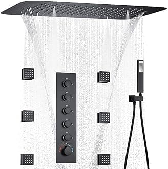 AYIVG Matte Black Full Body Shower System 3 In 1 Multi Function Rainfall Waterfall Ceiling 16 X 24 Inch Shower Head Brass 5 Way Thermostatic Shower Faucet with Handheld 6 Body Jets