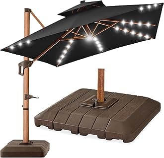 Best Choice Products 10ft Square Cantilever Patio Umbrella w/Base Included, Woodgrain Pattern Pole & Solar LED Lights, 360-Rotation, Offset Hanging Outdoor Shade - Black