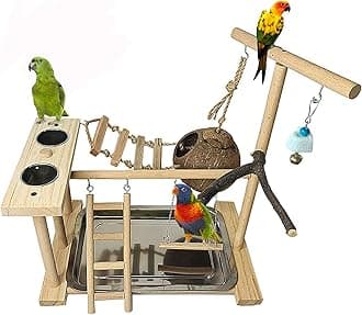 Parrots Playground Bird Play Stand Natural Wood Parrot Perch Gym Playpen Parakeet Nest with Feeder Cups Ladders Lovebirds Cage Accessories Toy Exercise Activity Center for Conure Cockatiel Lovebirds