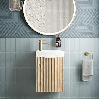 Fluted 400mm Bathroom Vanity Unit Ceramic Wash Sink, Cloakroom Storage Furniture Under Basin Cabinet Wall Hung Cupboard, Wood