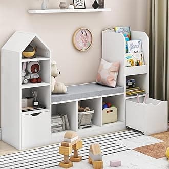 Vabches Kids Bookcase and Bookshelf with Reading Nook, Multifunctional Bookcase with 7 Storage Cubbies 2 Movable Drawers, Bookcases with Seat Cushion for Toy Storage Organizer Children's Room, Bedroom
