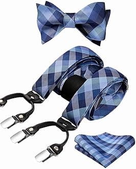 Bow tie and Suspenders for Men Plaid Suspender Self Bowtie Pocket Square Adjustable Y Shape Mens Trouser Braces