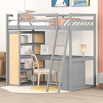 Twin Loft Bed with Desk and 6 Storage Shelves, Wood Loft Beds Frame with Bookcase and Writing Board, Modern High Loft Bed for Kids Boys Girls Teens, Twin Size, Gray