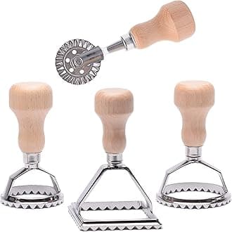 4PCS Ravioli Stamp Maker Cutter, Ravioli Cutters Mold with Wooden Handle and Fluted Edge Pasta Maker Kitchen Attachment with Pastry Cutter Wheel for Ravioli Pastry Pasta Dumplings Cookies