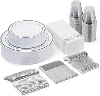 175 Pieces Silver Dinnerware Set for 25 Guests, Plastic Plates Disposable for Party, Include: 25 Silver Dinner Plates, 25 Dessert Plates, 25 Paper Napkins, 25 Cups, 25 Silverware Set