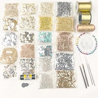 Qroof Aari Work Materials Kit Golden Moti Sewing Pin, Sepia, Zari, Zardosi, Mirrors Combo Pack Set of Maggam