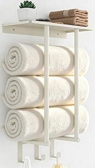 Towel Racks with Shelf & 3 Hooks, BETHOM Towel Holders for Bathroom Wall Mounted, Bathroom Metal Towel Storage Rack Wall Can Hold 3 Large Rolled Bath Sheets Towels, White