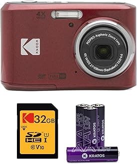 Kodak PIXPRO FZ45 Digital Camera (Red) Bundle with 32GB Class 10 UHS-I U1 SDHC Memory Card and AA High-Performance Alkaline Batteries (4-Pack) (3 Items)