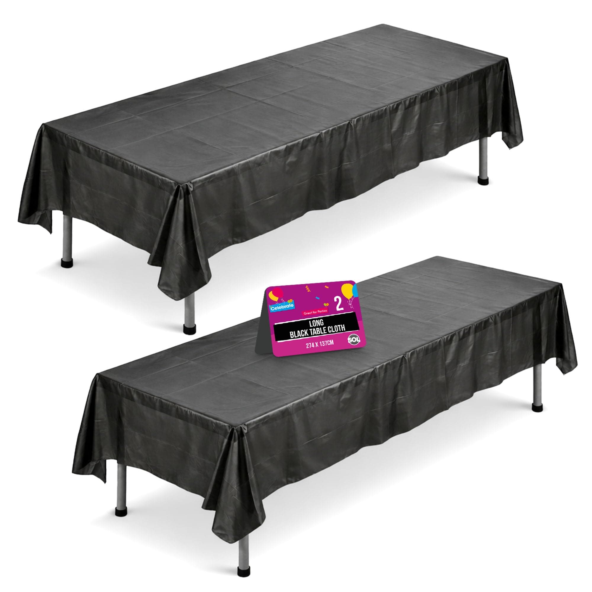 SOL 2pk Long Black Table Cloth Party 274x137cm Rectangular Large Disposable Plastic Cover. Heavy Duty Spill Protection: Opaque Design for Halloween, Graduation, Birthdays, Weddings, Buffets Catering