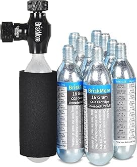 BriskMore CO2 Inflator Kits with 9X16g or 5 X 16g CO2 Cartridges, Presta and Schrader Valve Compatible, Bike Tire CO2 Pump, Included Insulated Sleeve