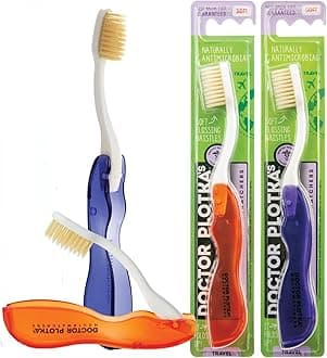 MOUTHWATCHERS Soft Flossing Folding Travel Toothbrush, 2 Pack, Red, Ultra Clean, Good for Sensitive Teeth and Gums, by Dr. Plotka's. Assorted Colors