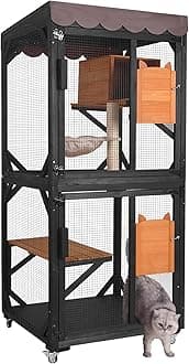 Aivituvin Outdoor Catio Cat Enclosures on Wheels Cat House 70.9" Large Kitty House with Upgraded Resting Box,Waterproof Roof Cover,Brown