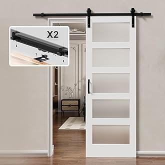 30 x 84 Inch Glass Barn Doors and 6FT Hardware Included, Pre-Drilled Easy Assembly, White Sliding Barn Door with Heavy Duty 1/6 Inch Tempered Frosted Glass for Interior