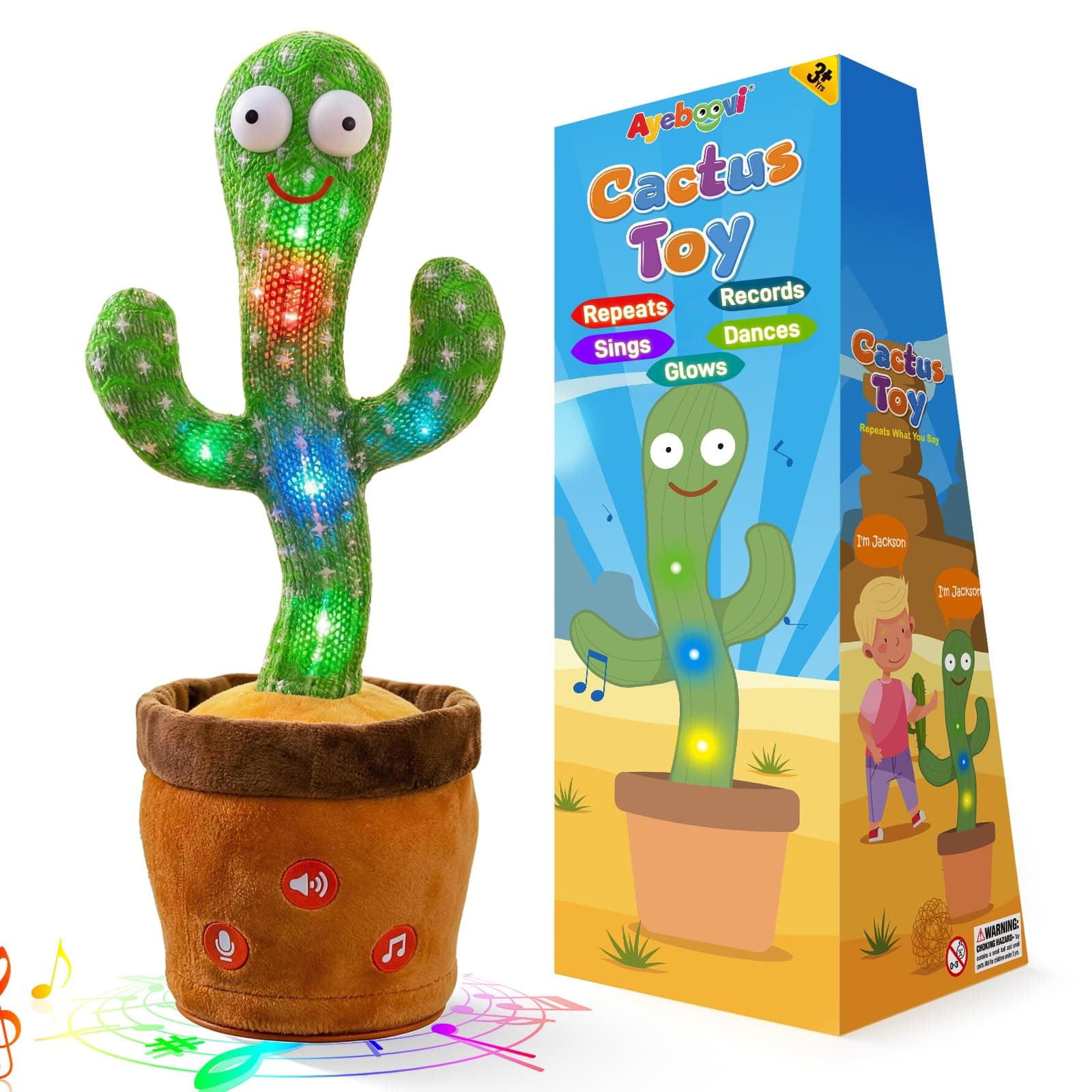 Ayeboovi Baby Toys Dancing Talking Cactus, Volume Adjustable Mimicking Recording Cactus Toy Repeats What You Say, Toddler Toys Singing Cactus with 120 Songs, Tummy Time Toys for Kids Boys Girls