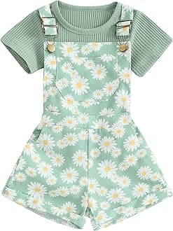 ZZLBUF Toddler Baby Girl Overalls Romper Outfit Kids Ruffle Sleeve Tops T-Shirt + Floral Suspender Pocket Shorts Clothes Set