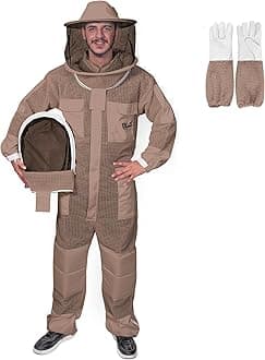 3-Layer Ultra Ventilated Bee Suit for Men & Women – Premium Beekeeping Suit with Bee Gloves & Two Detachable Beekeeping Veils (Brown M)